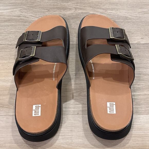 FitFlop NEW GEN-FF Men’s 12 Buckle Two-Bar Brown Leather Slides Sandals